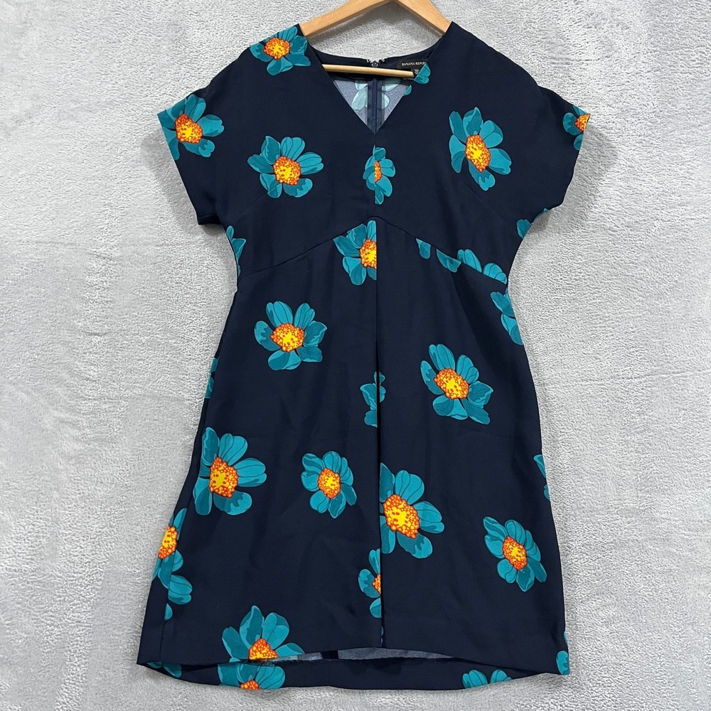 Banana Republic Dress Women 8P Blue‎ Floral Cap Sleeve Midi Preppy V Neck